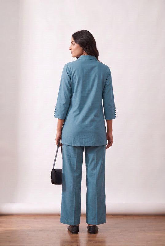 Teal Blue Floral Cotton Flex Embroidered Co-Ord Set