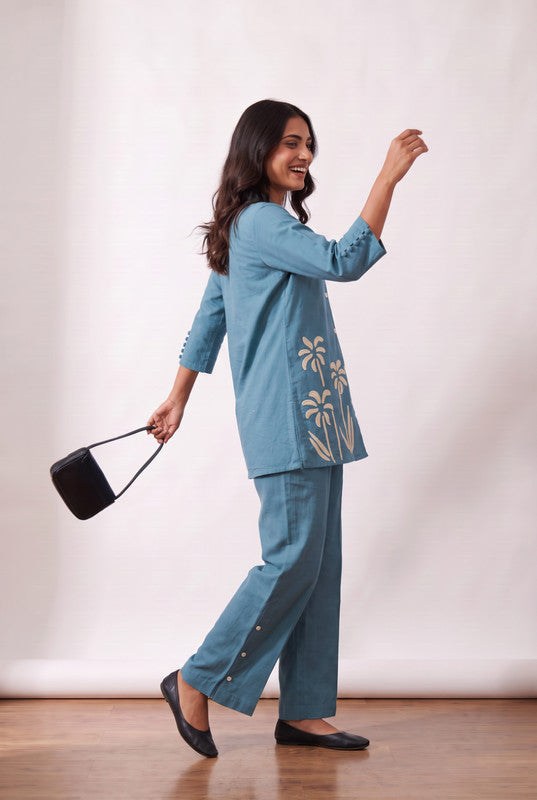 Teal Blue Floral Cotton Flex Embroidered Co-Ord Set