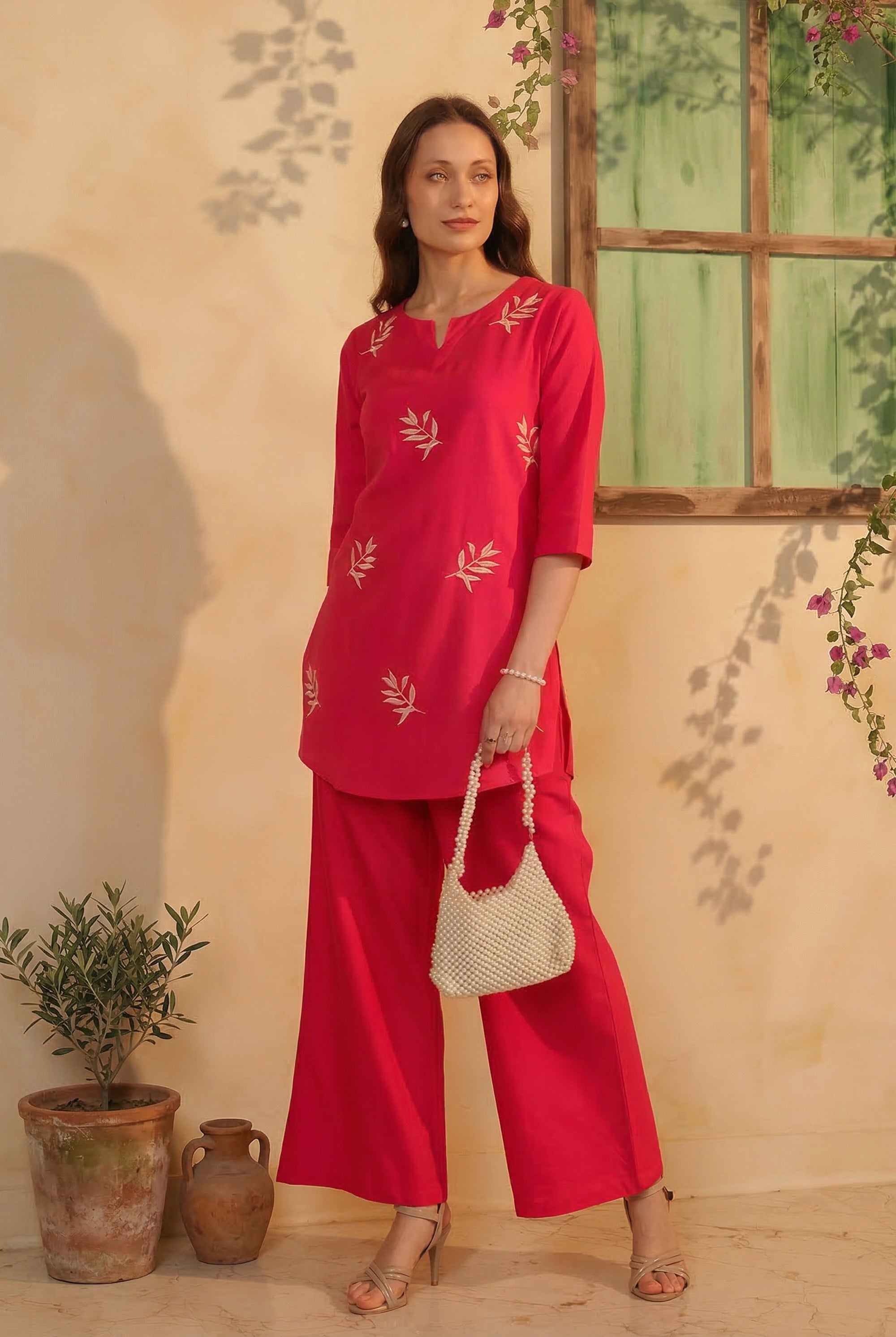 Pink Traditional Gold Leaf Motif Embroidered Cotton Flex Two Piece Co-ord Set