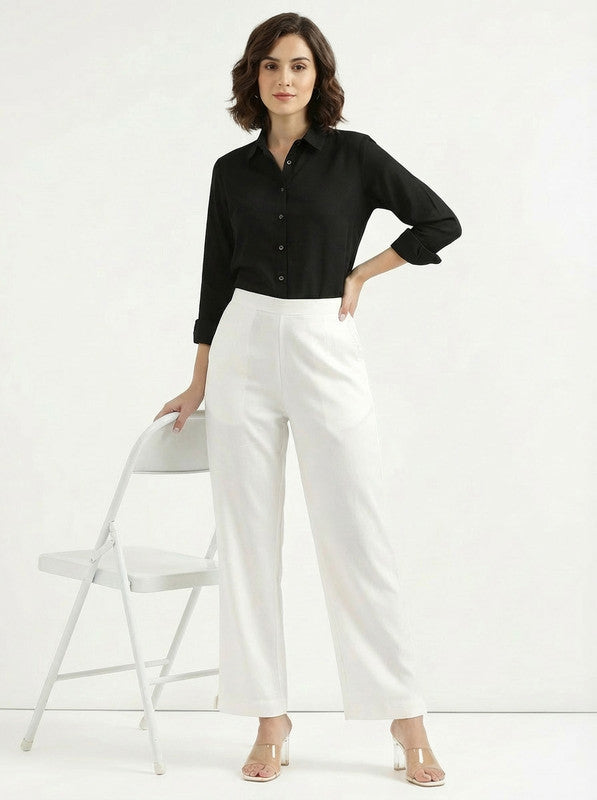 Solid Off-White High Waist Straight Fit Cotton Pants