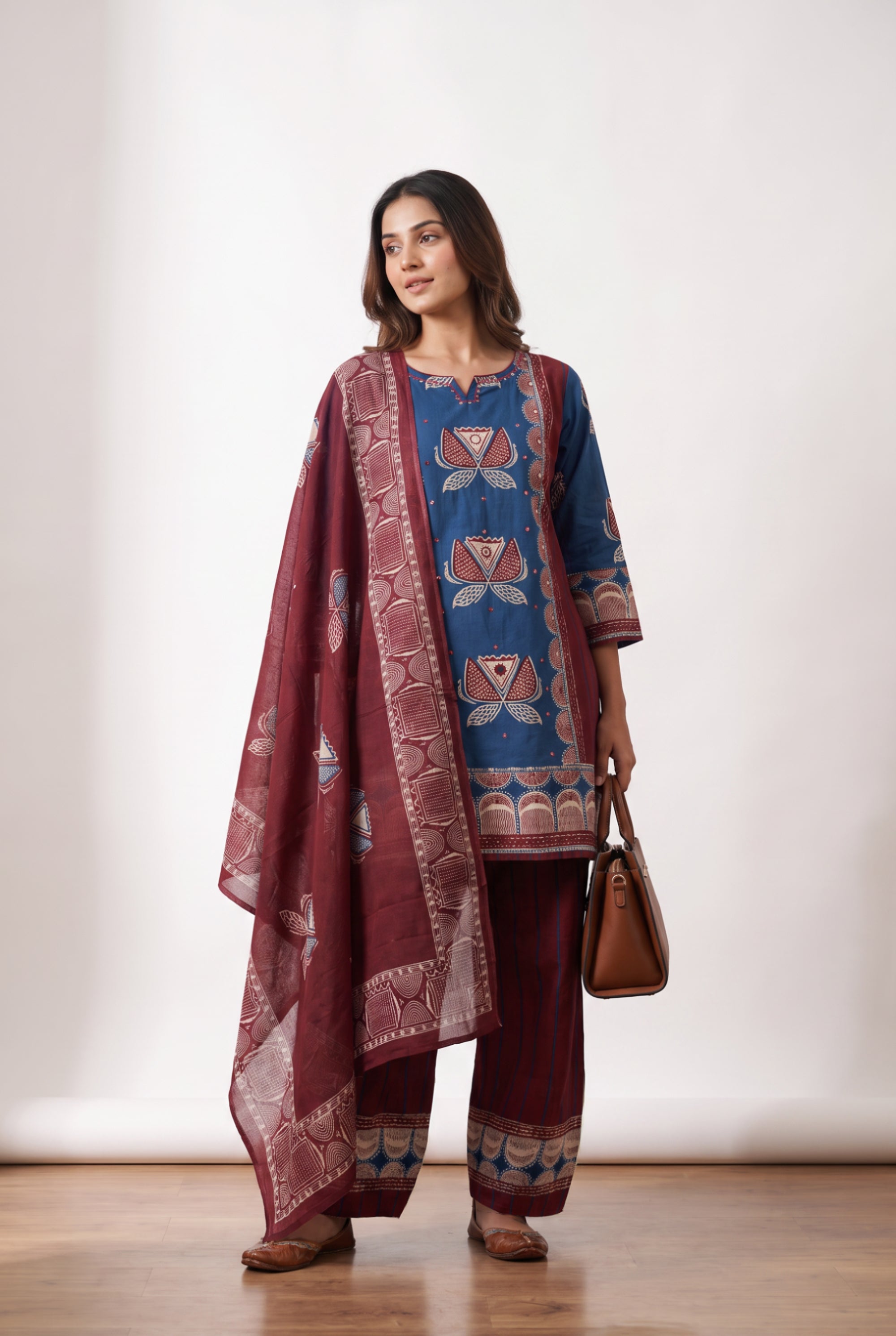 Traditional Blue Hand Block Print Inspired Cotton Kurta Set with Maroon Dupatta & Straight Pants