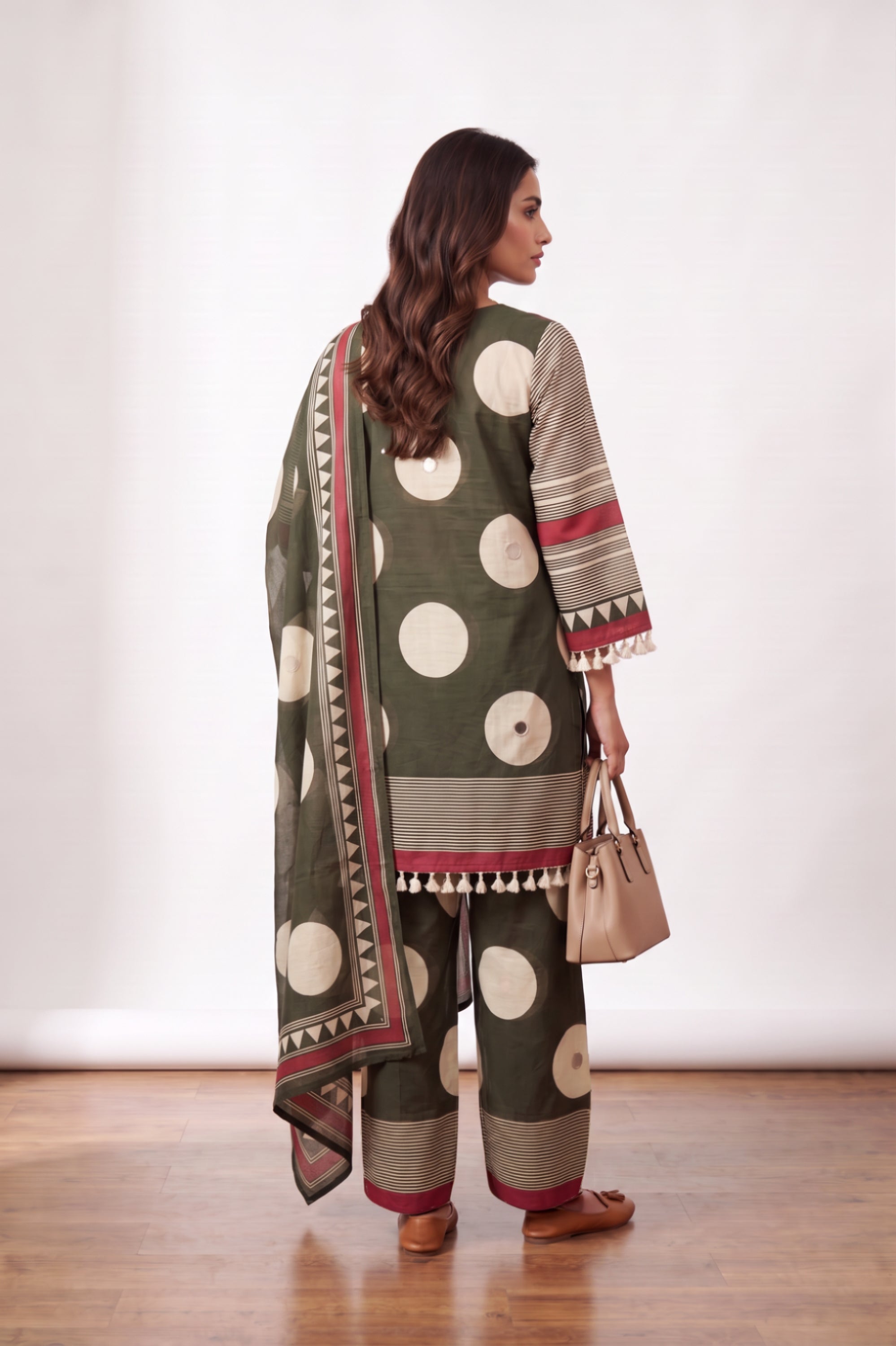 Green Abstract Circle Printed Cotton Kurta with Straight Pants & Dupatta
