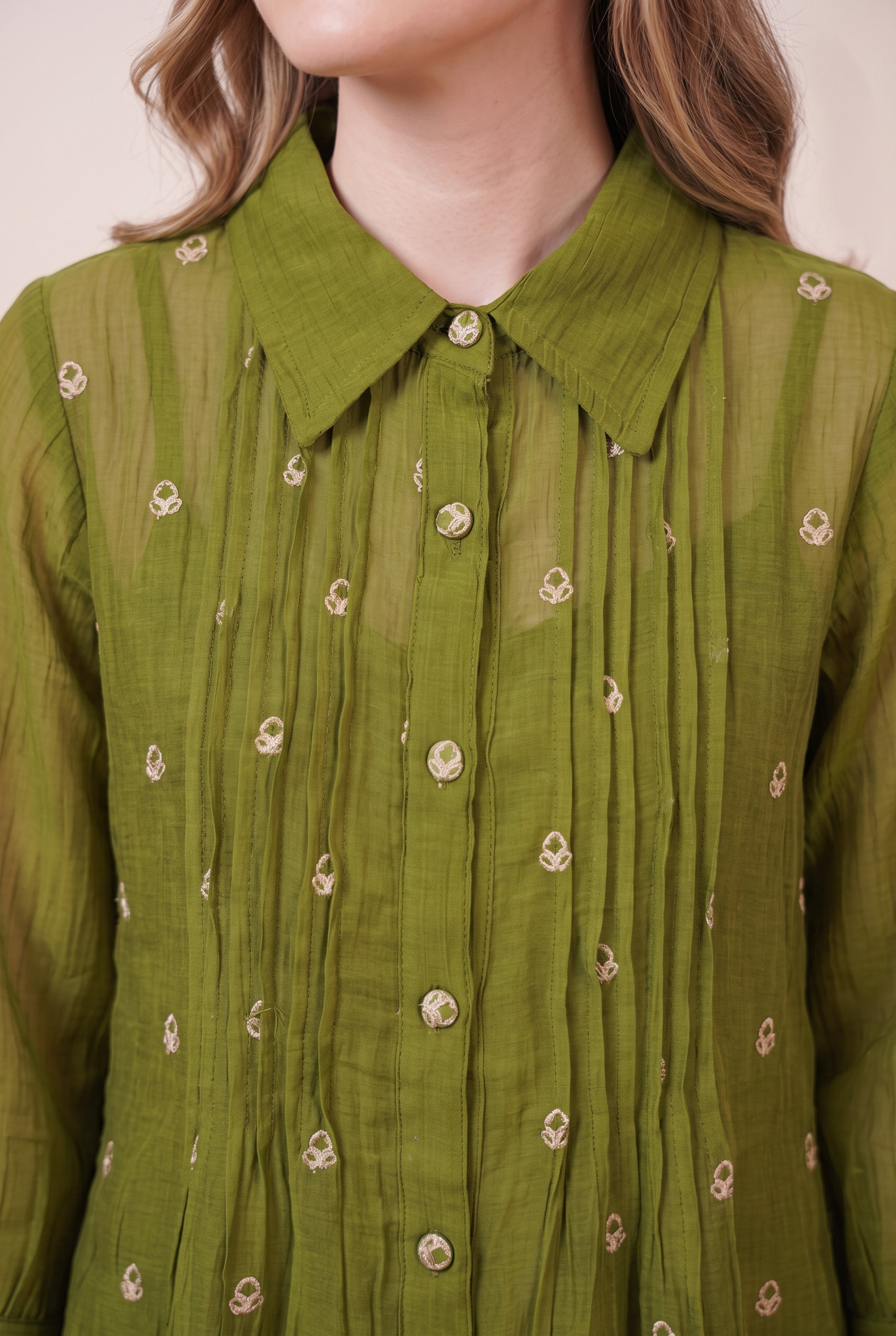 Green Pintuck Designer Button-Down Embroidered Shirt & Pant Co-ord Set