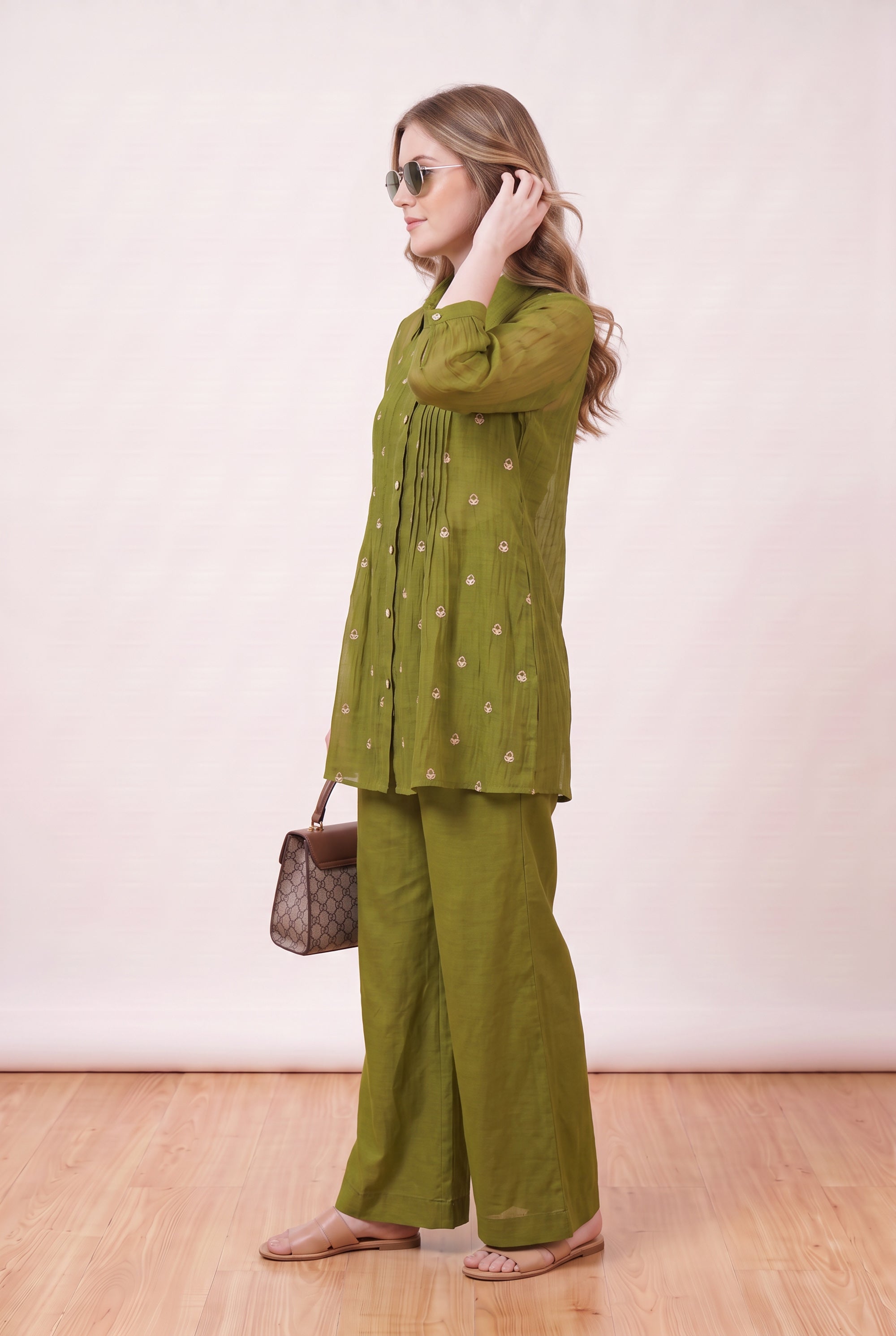 Green Pintuck Designer Button-Down Embroidered Shirt & Pant Co-ord Set