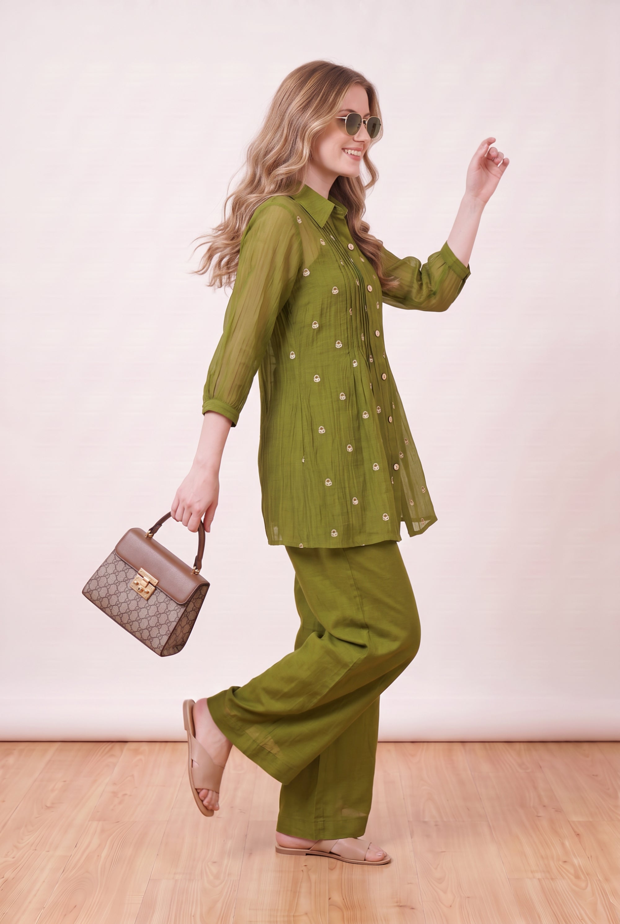 Green Pintuck Designer Button-Down Embroidered Shirt & Pant Co-ord Set