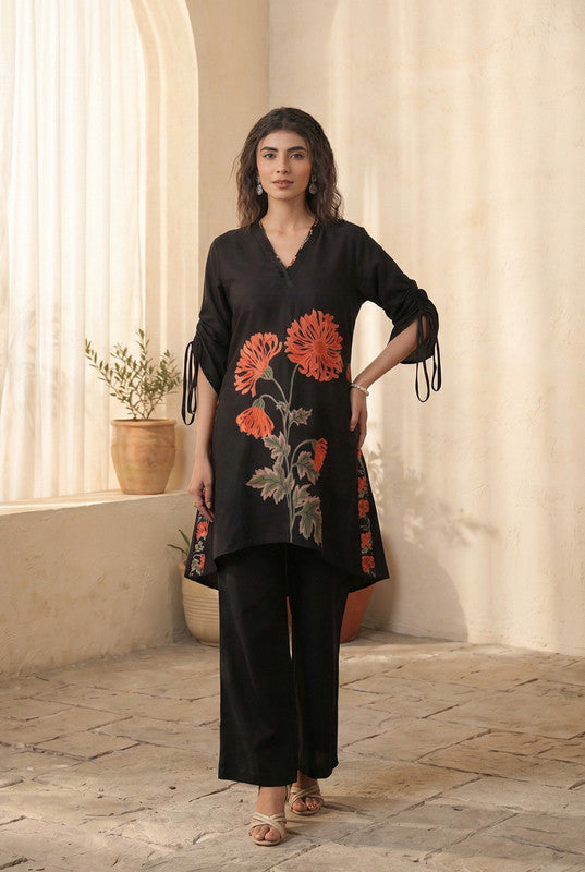 Black Floral Motif Cotton Co-ord Set with Tie-Up Sleeves