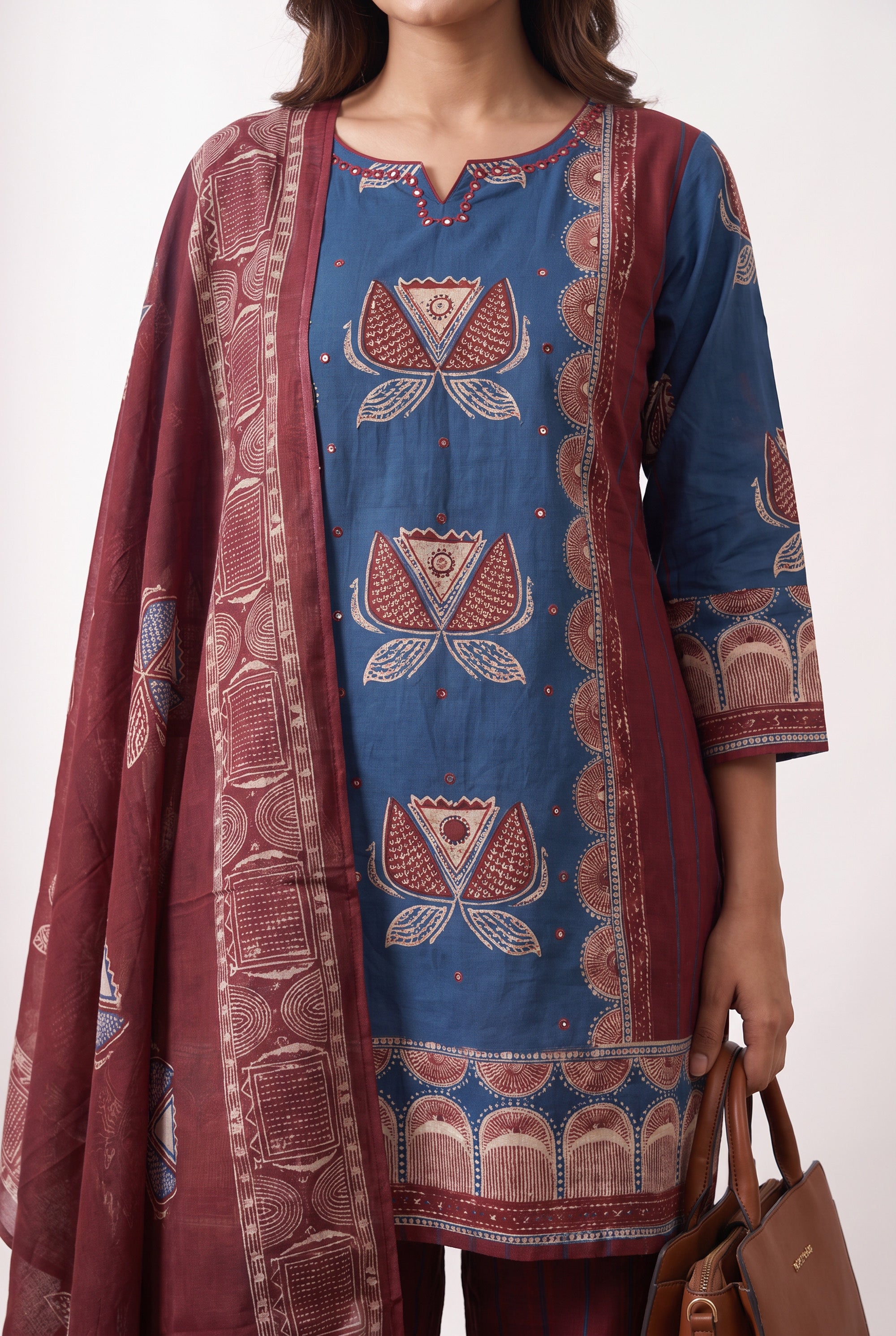 Traditional Blue Hand Block Print Inspired Cotton Kurta Set with Maroon Dupatta & Straight Pants