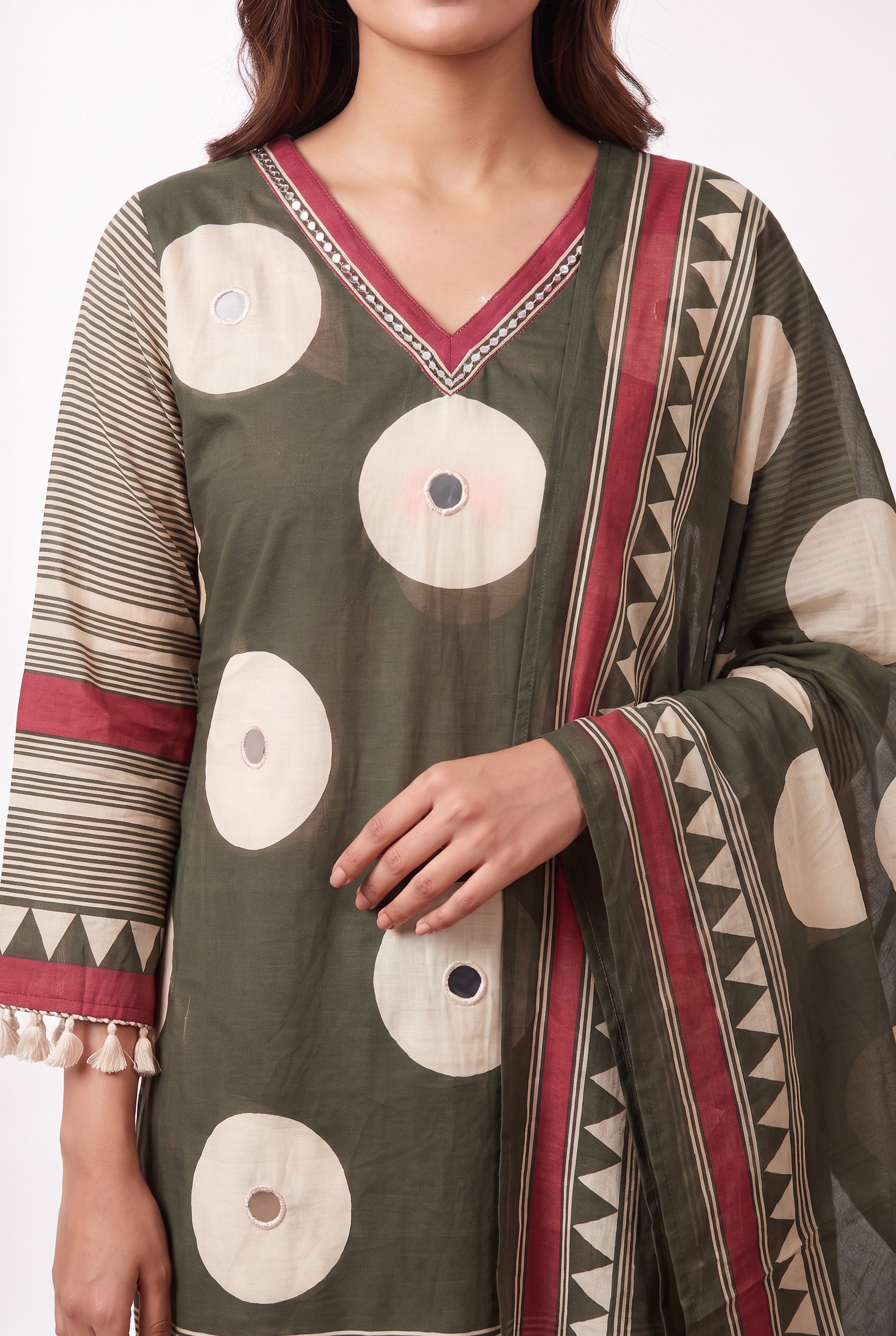 Green Abstract Circle Printed Cotton Kurta with Straight Pants & Dupatta