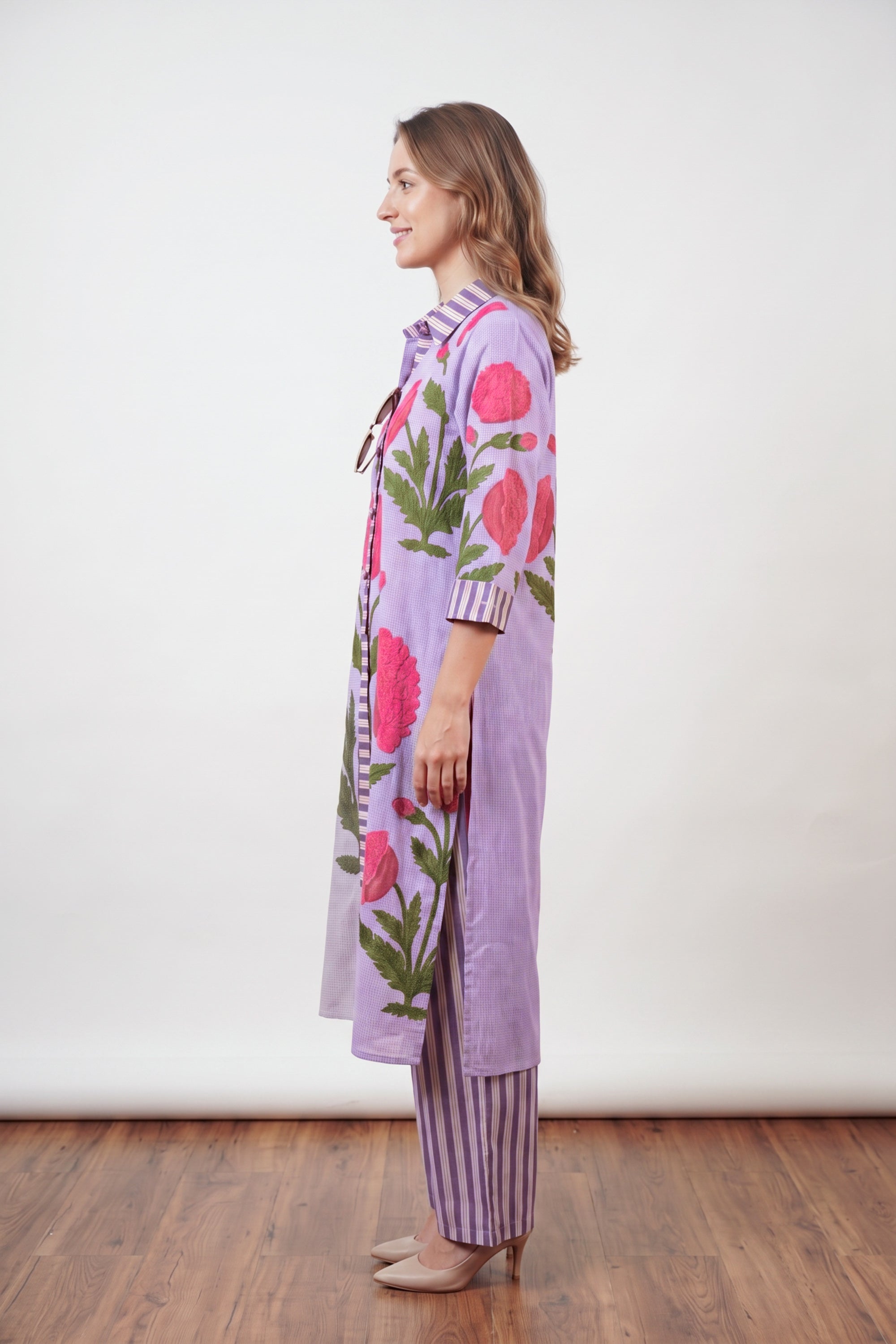 Multicolour Floral Printed Straight Cotton Kurta with Matching Striped Pant