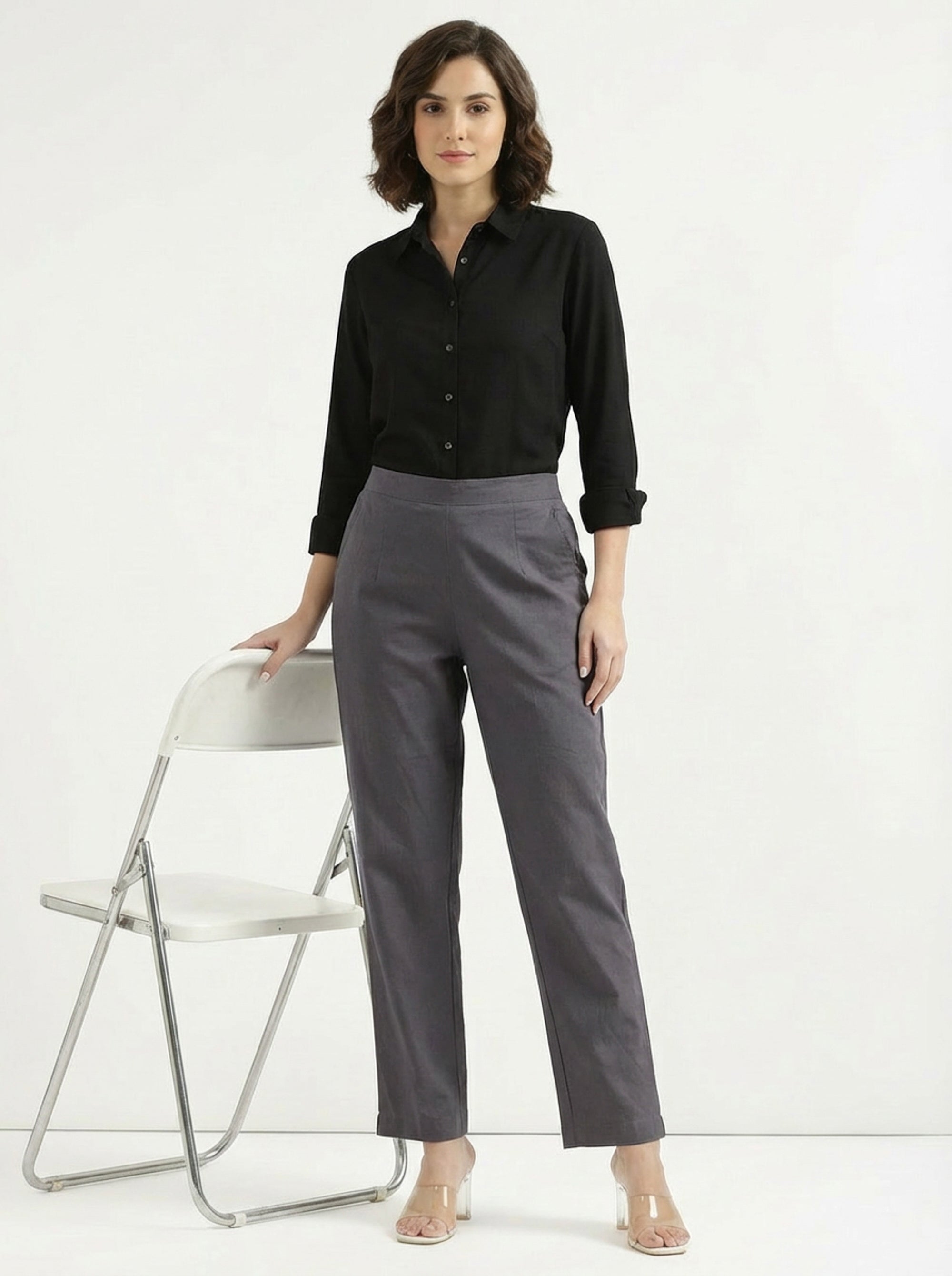Elegant Solid Grey Ankle Length Straight Cotton Pants