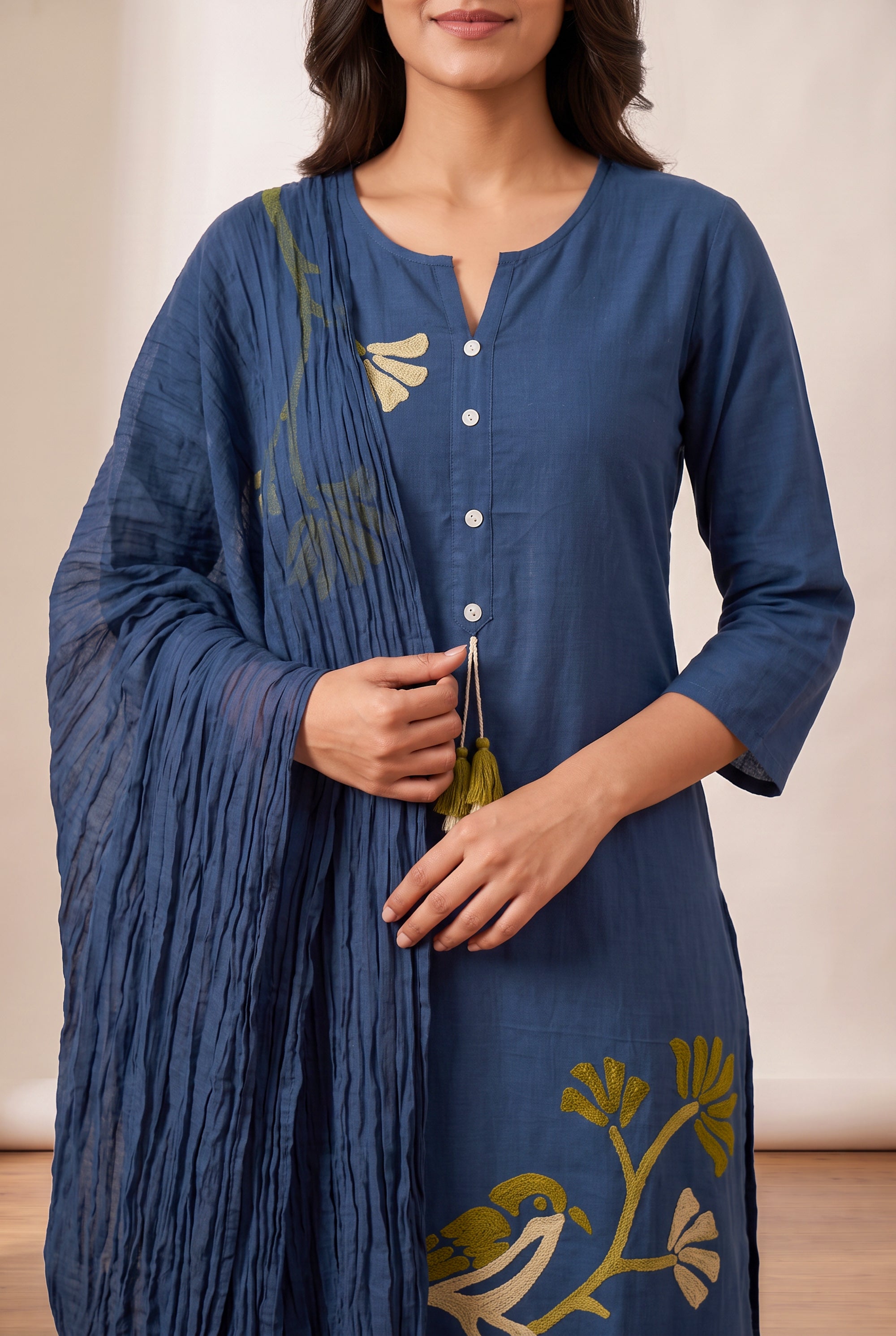 Blue Bird Printed Cotton Flex Kurta Set with Crushed Tassel Detail Dupatta & Straight Pants