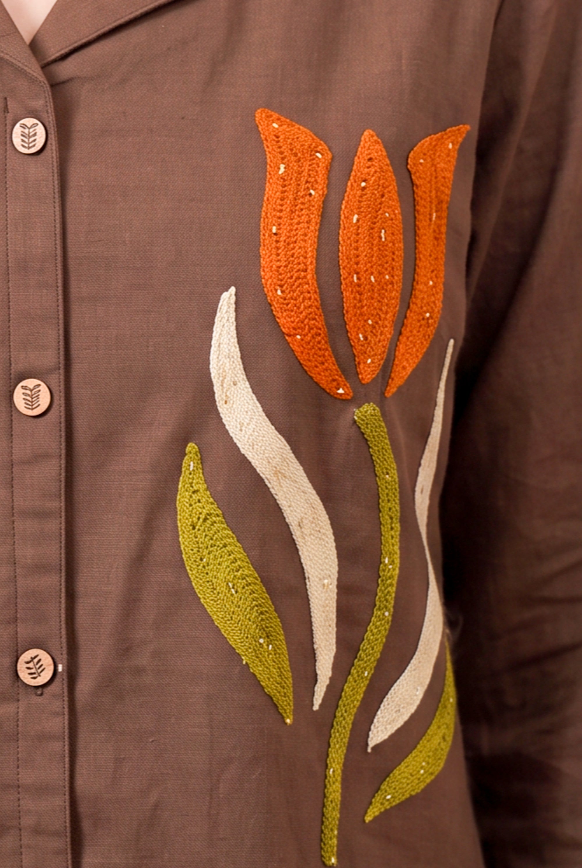 Brown Tulip Embroidered Button-Down Shirt with Wide Leg Pant Cotton Flex Co-ord Set