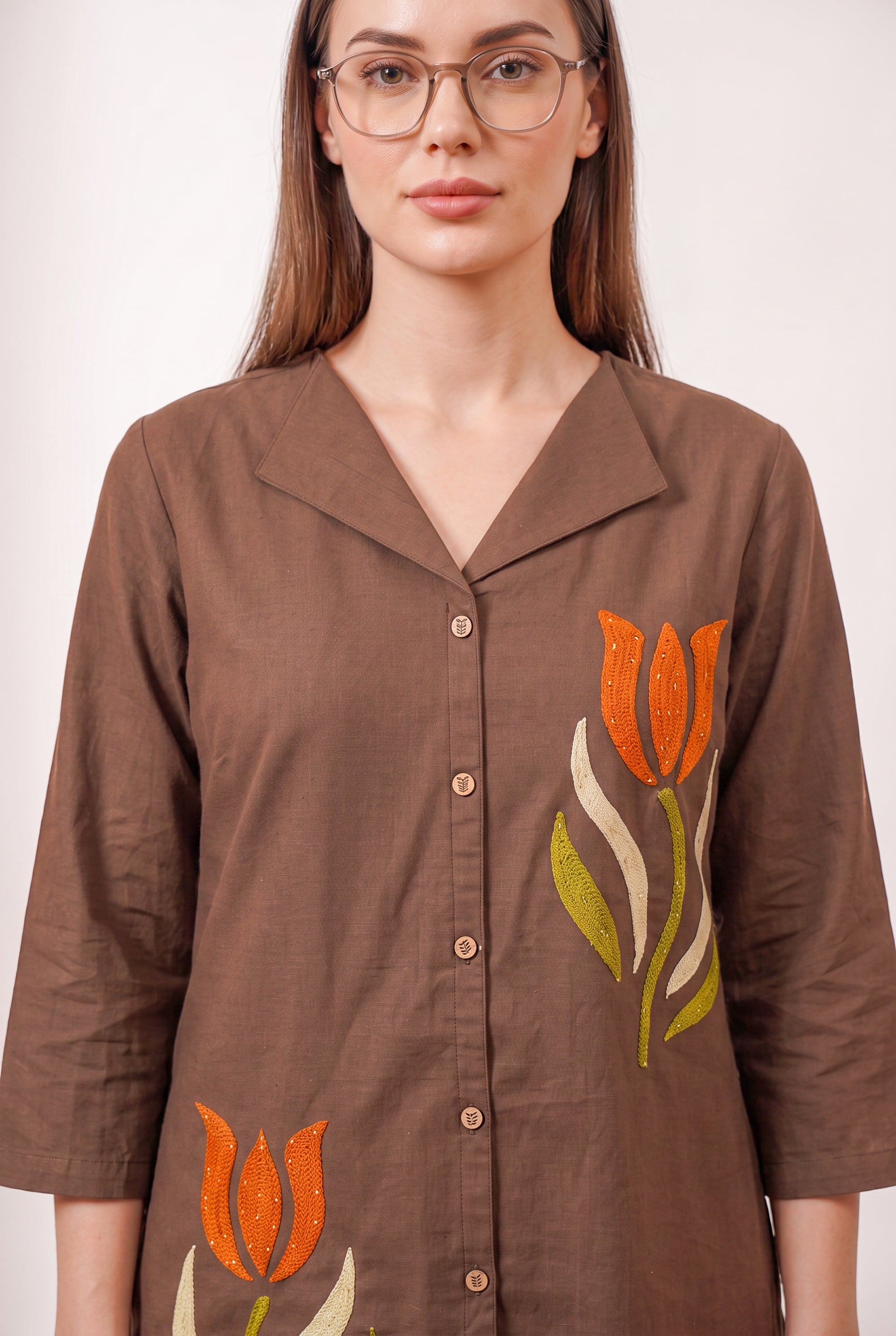 Brown Tulip Embroidered Button-Down Shirt with Wide Leg Pant Cotton Flex Co-ord Set