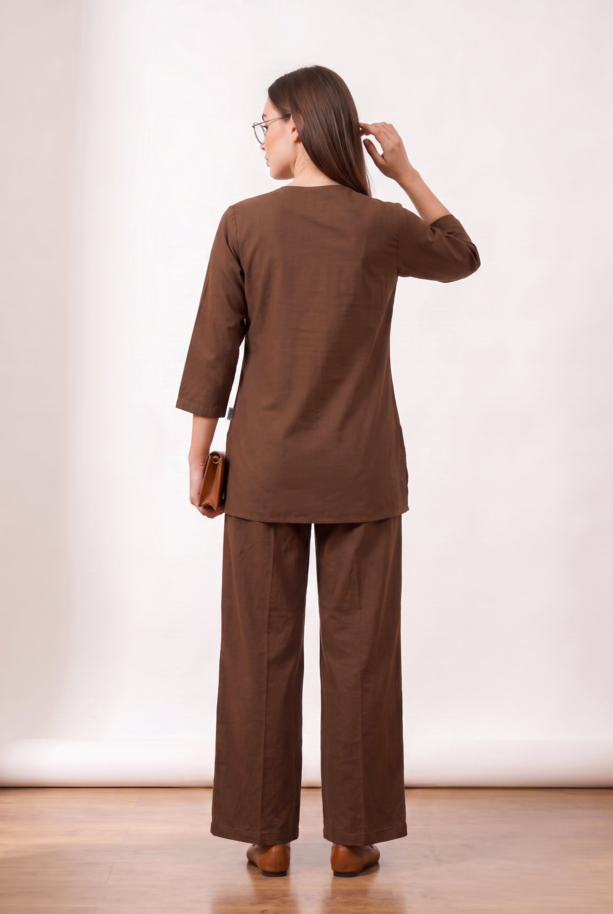 Brown Tulip Embroidered Button-Down Shirt with Wide Leg Pant Cotton Flex Co-ord Set