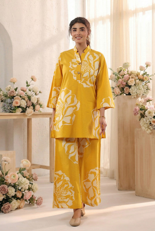 Mustard Yellow Large Floral Printed Cotton Co-ord Set with Button Placket