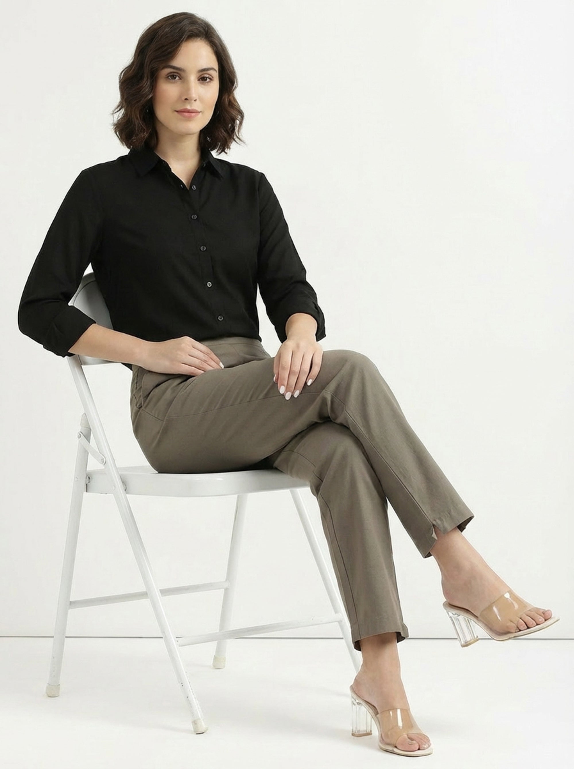 Elegant Solid Brown High Waist Straight Fit Cotton Pants
