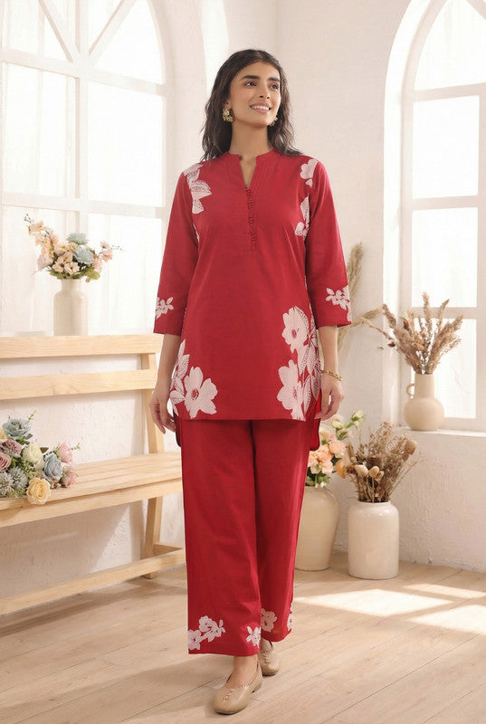 Red Floral Printed Cotton Co-ord Set with Matching Pants