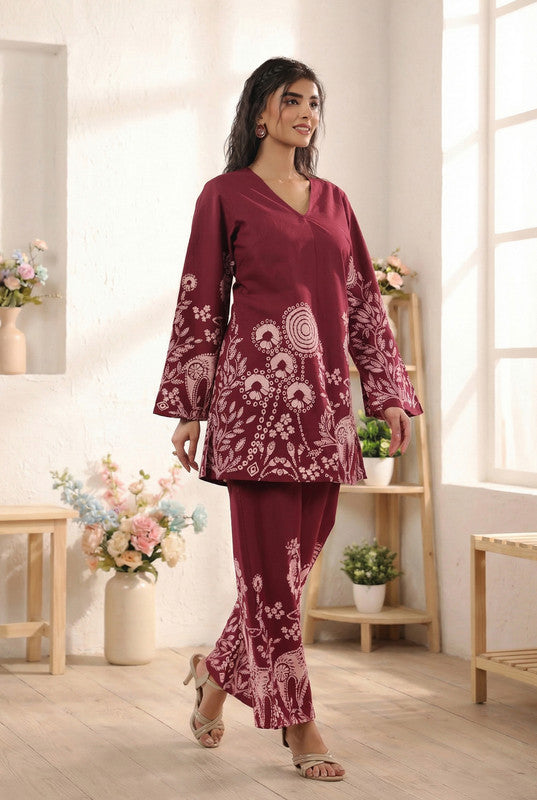 Wine Floral & Ethnic Printed Cotton Co-ord Set