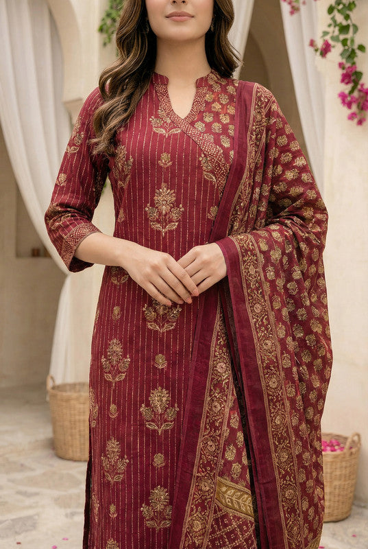 Wine Ethnic Motif Printed Cotton Kurta Set with Dupatta
