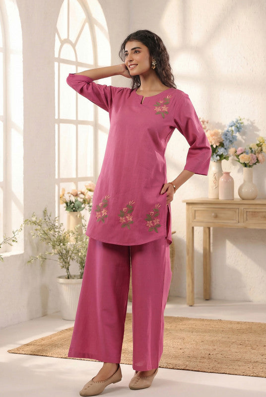 Rose Pink Floral Embroidered Cotton Flex Co-ord Set