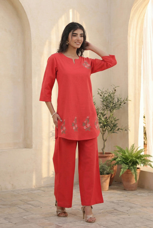 Coral Red Minimal Floral Embroidered Cotton Flex Co-ord Set