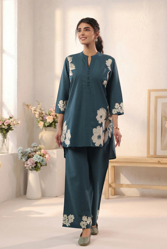 Teal Elegant Floral Printed Cotton Co-ord Set