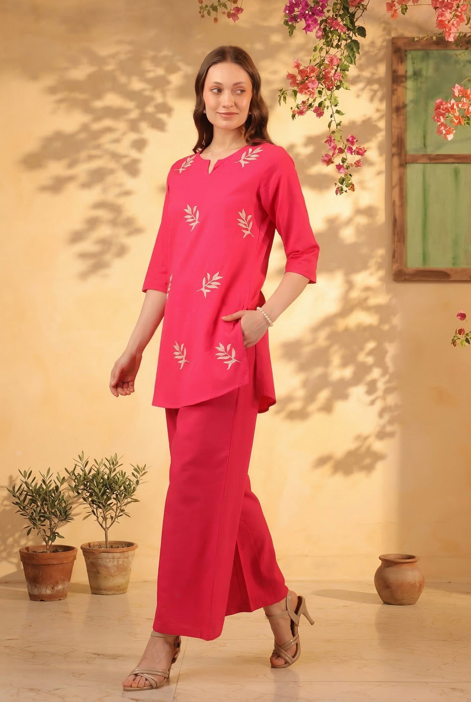 Pink Traditional Gold Leaf Motif Embroidered Cotton Flex Two Piece Co-ord Set