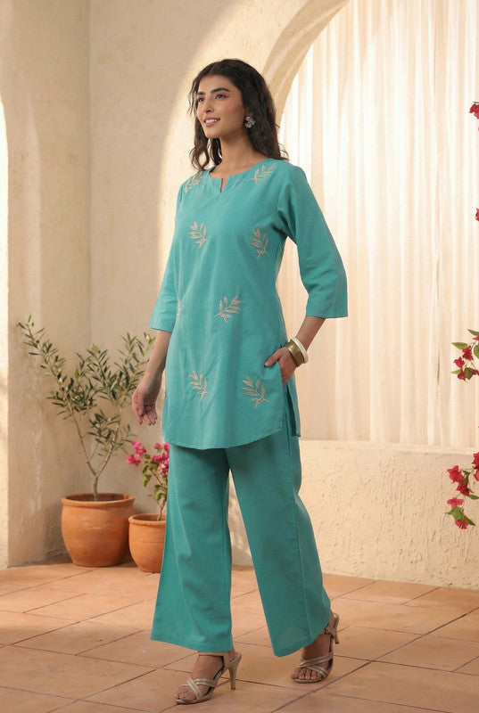 Sea Green Minimal Embroidered Leaf Motif Cotton FlexCo-ord Set