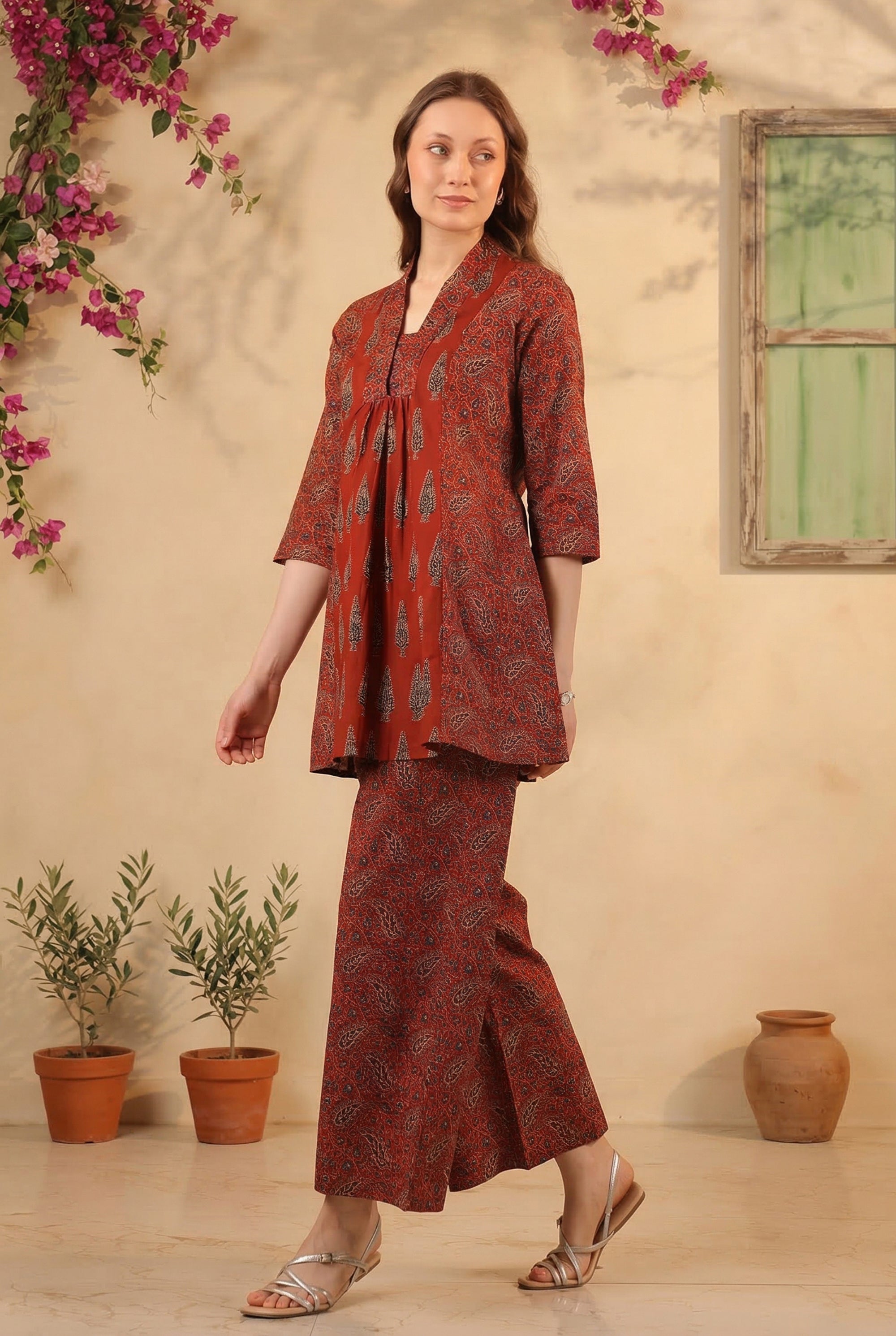 Maroon Ethnic Printed Tunic & Pant Co-ord Set