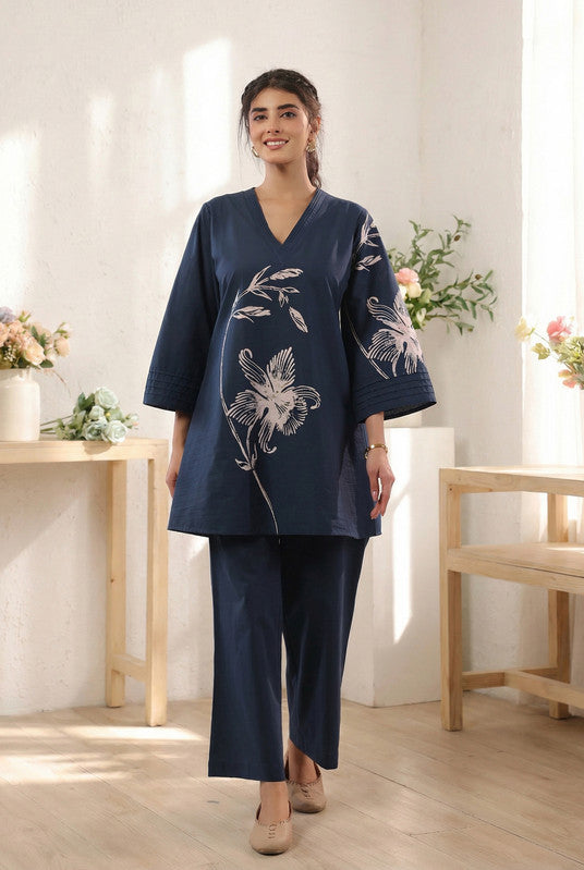 Navy Blue Designer Floral Printed Cotton Co-ord Set