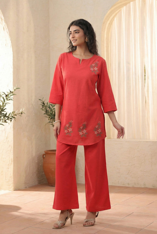 Coral Red Minimal Floral Embroidered Cotton Flex Co-ord Set