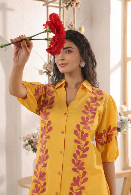 Mustard Yellow Ethnic Printed Cotton Co-ord Set with Half Puff Sleeves