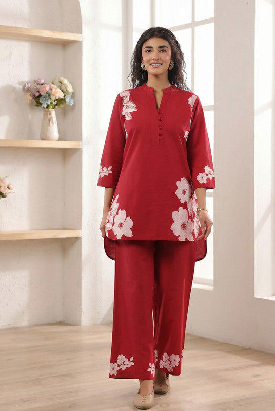 Red Floral Printed Cotton Co-ord Set with Matching Pants