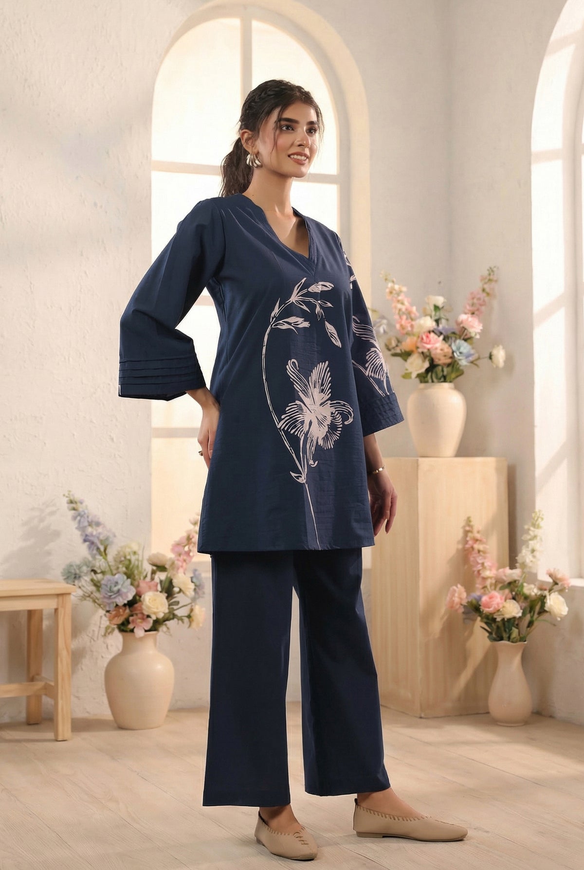 Navy Blue Floral Printed Cotton Co-ord Set