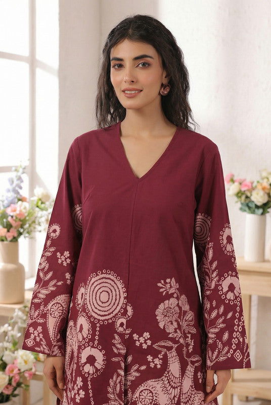 Wine Floral & Ethnic Printed Cotton Co-ord Set