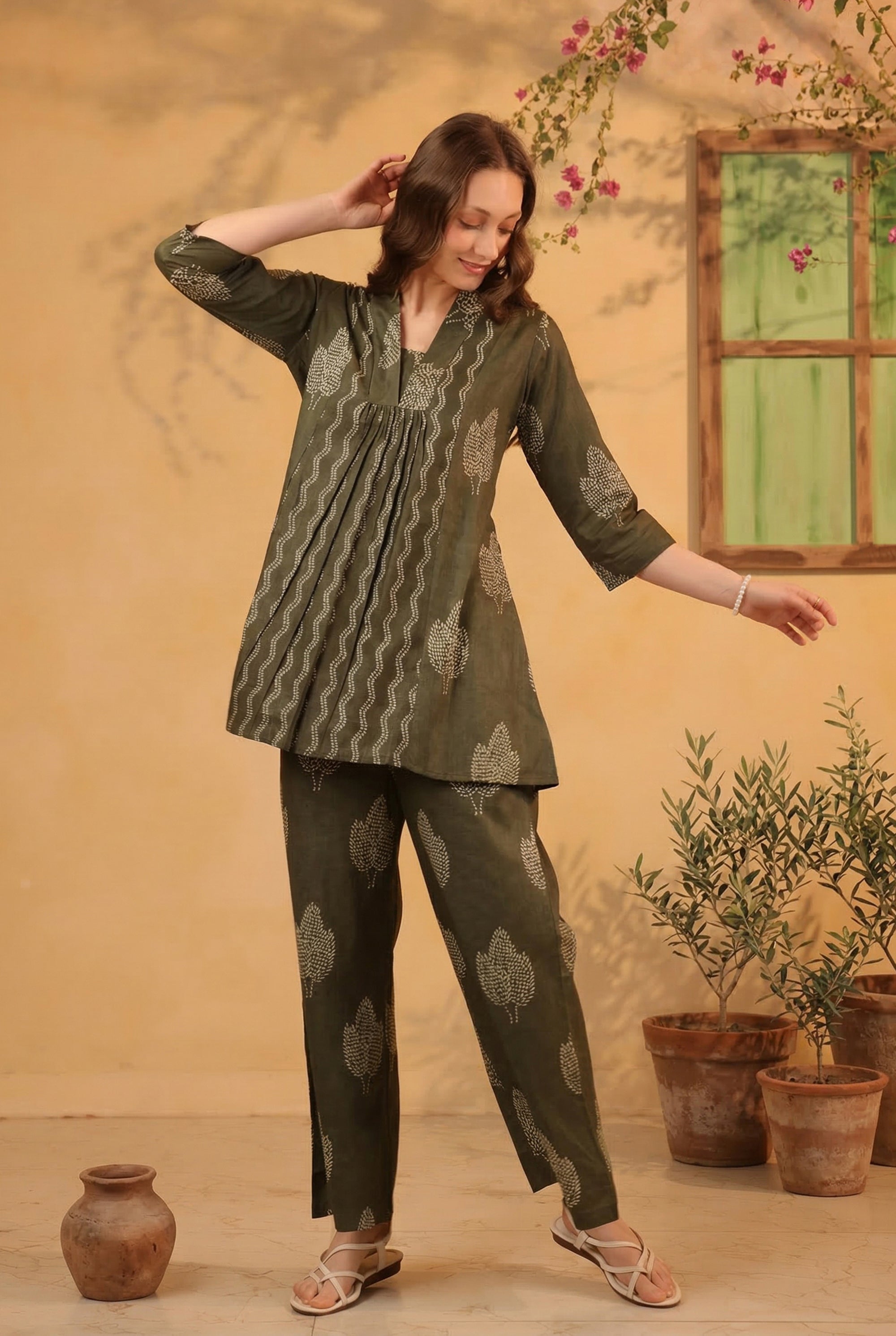 Olive Green Nature Leaf Printed Tunic & Pant Cotton Co-ord Set
