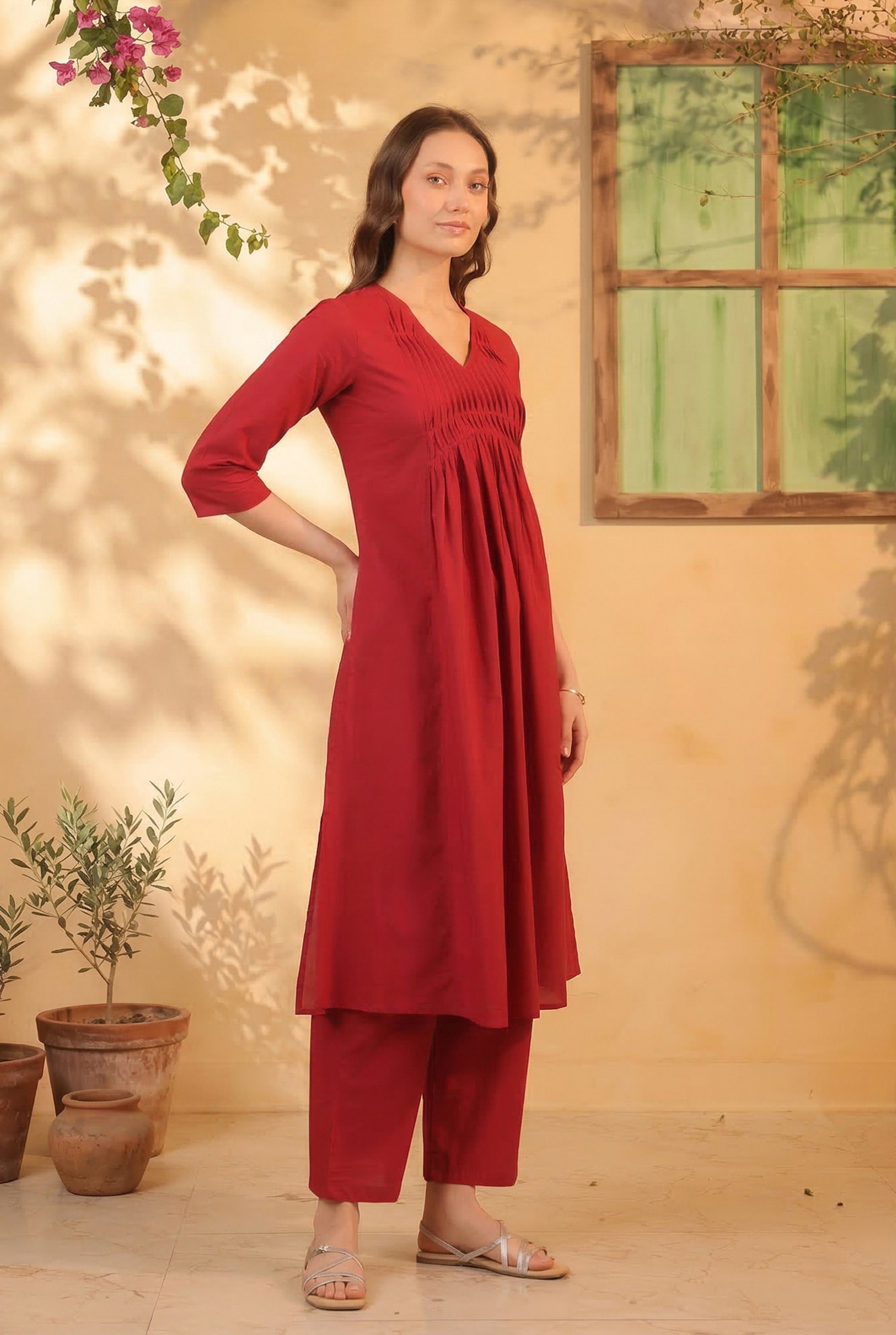 Red Minimal Pintuck A-Line Solid Designer Cotton Kurta with Pant Set