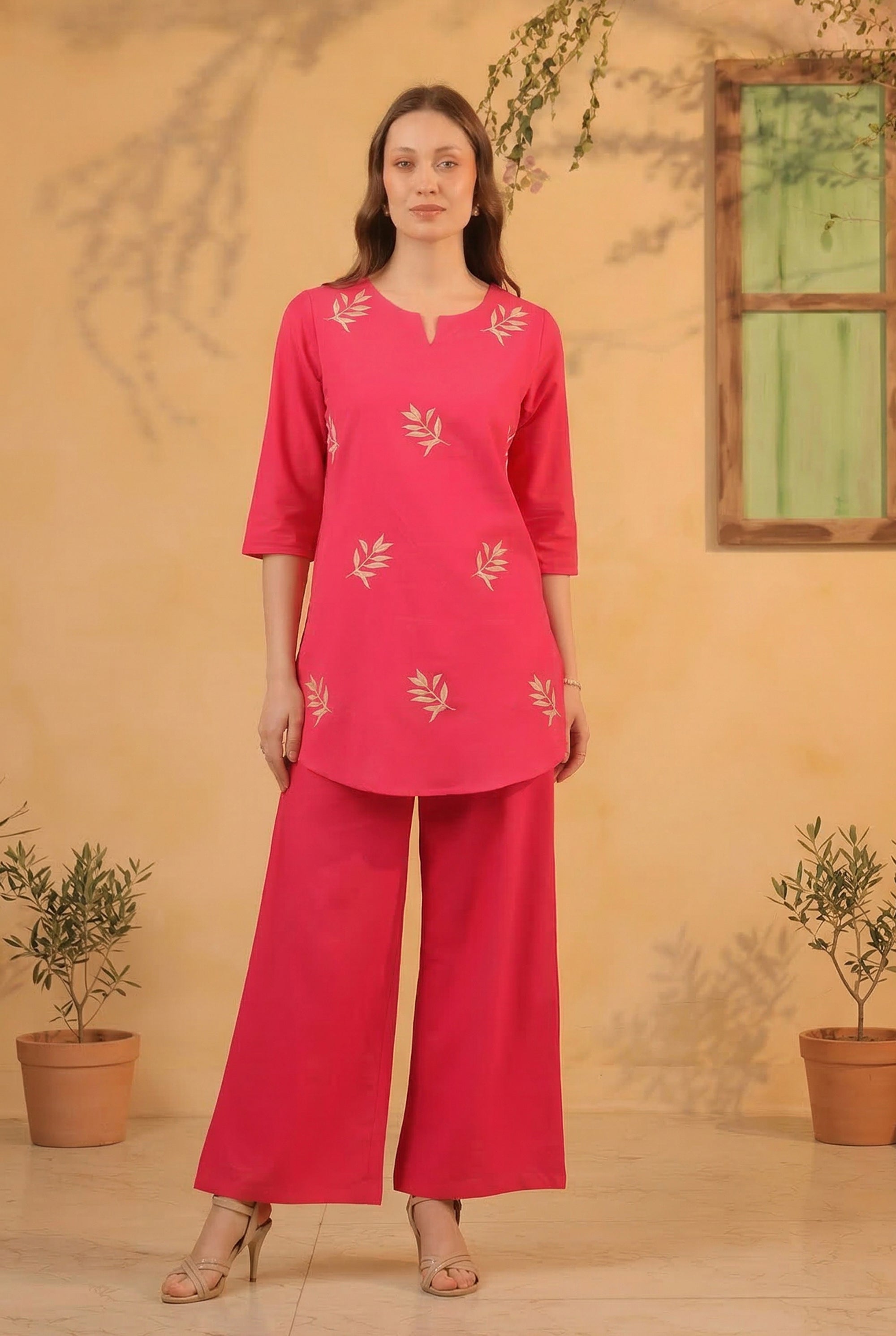 Pink Traditional Gold Leaf Motif Embroidered Cotton Flex Two Piece Co-ord Set