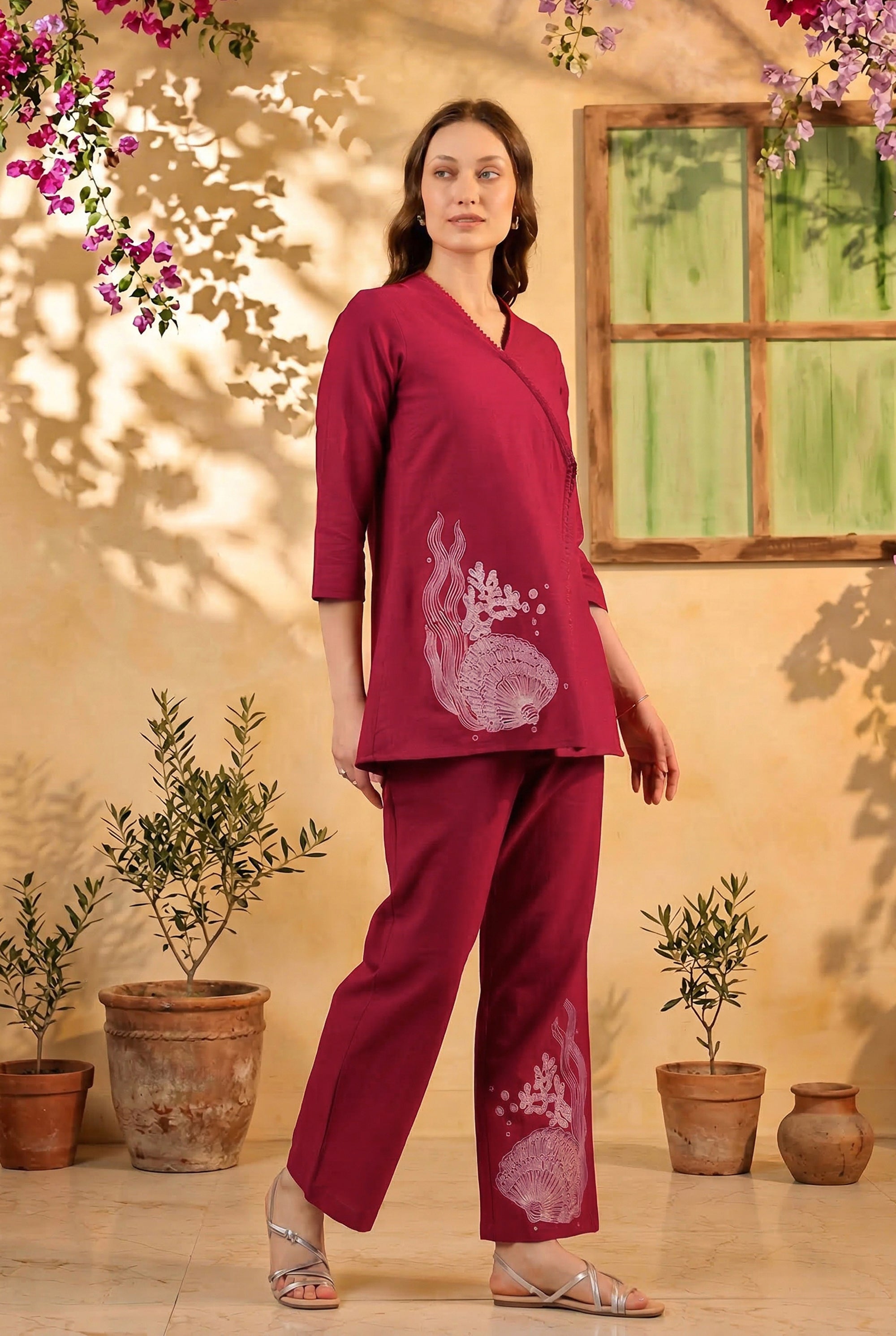 Magenta Wrap Style Placement Embroidered Cotton Flex Two Piece Co-ord Set