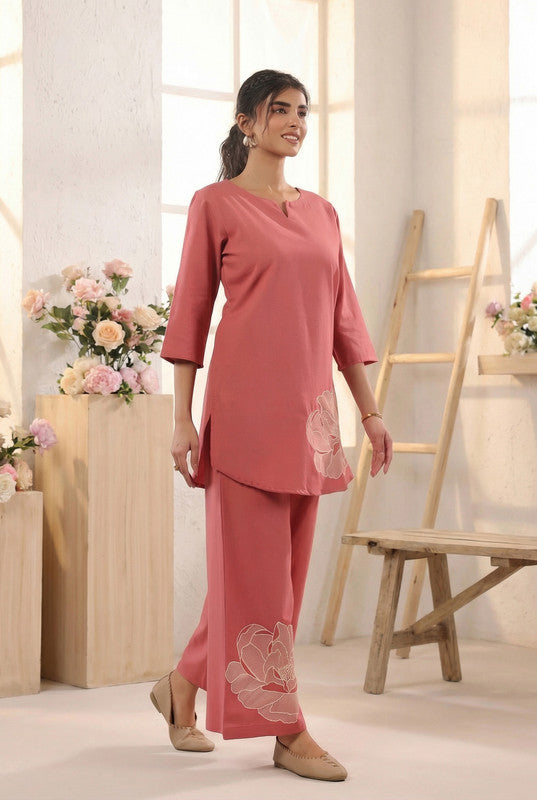Dusty Peach Floral Motif Embroidered Cotton Flex Co-ord Set