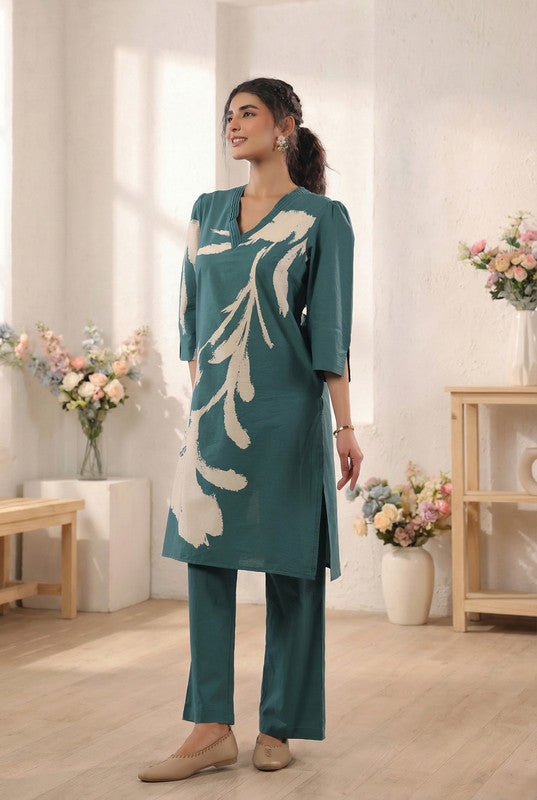Teal Abstract Floral Printed Cotton Co-ord Set