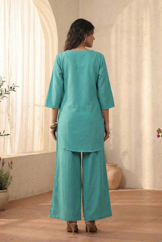 Sea Green Minimal Embroidered Leaf Motif Cotton FlexCo-ord Set