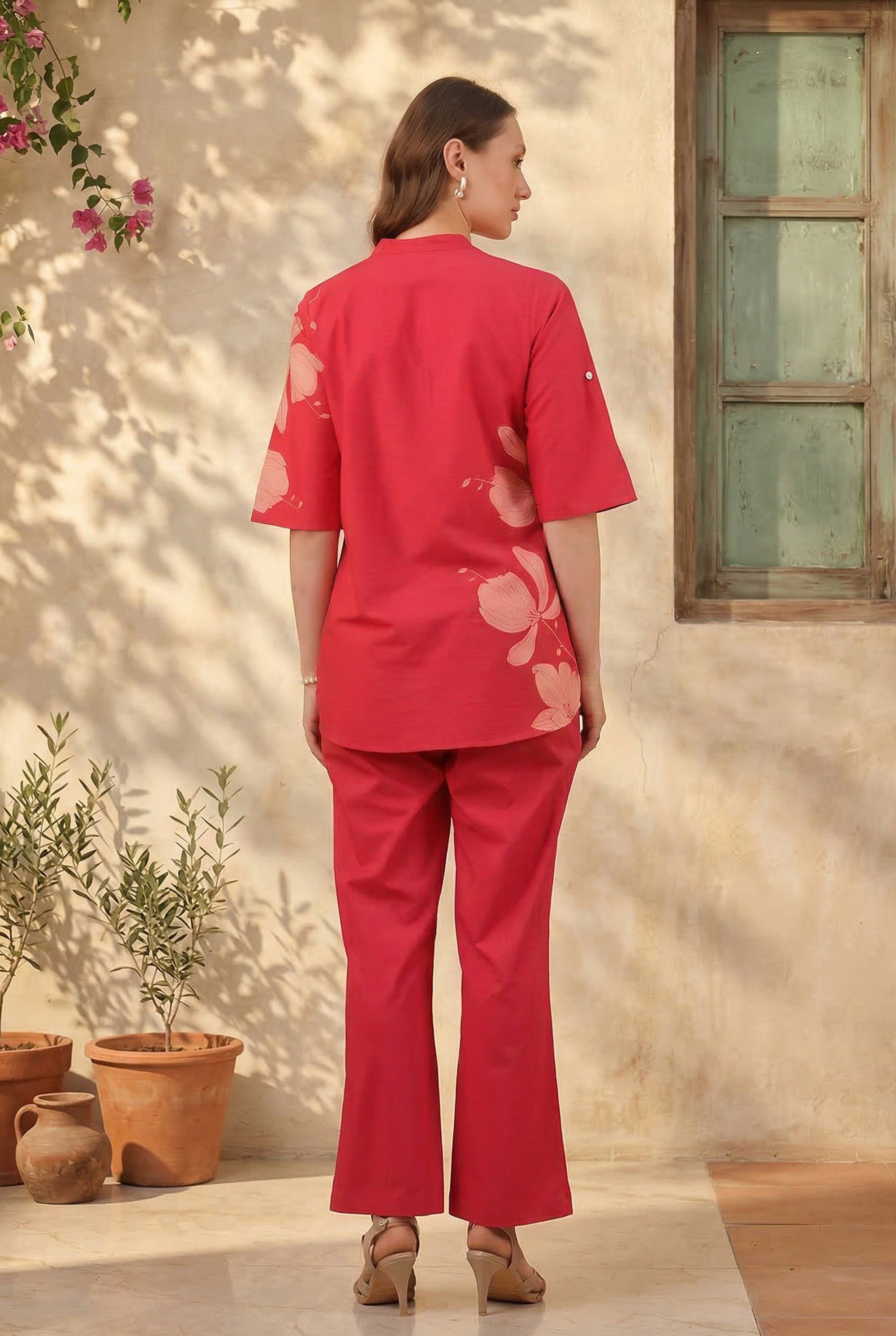 Pink Contemporary Floral Printed Cotton Two-Piece Co-ord Set