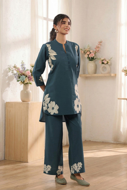 Teal Elegant Floral Printed Cotton Co-ord Set