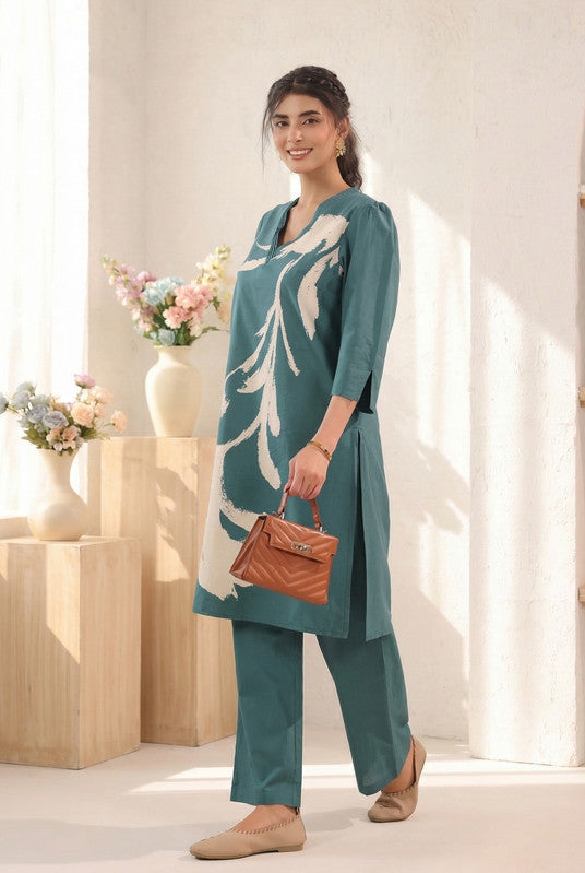Teal Abstract Floral Printed Cotton Co-ord Set