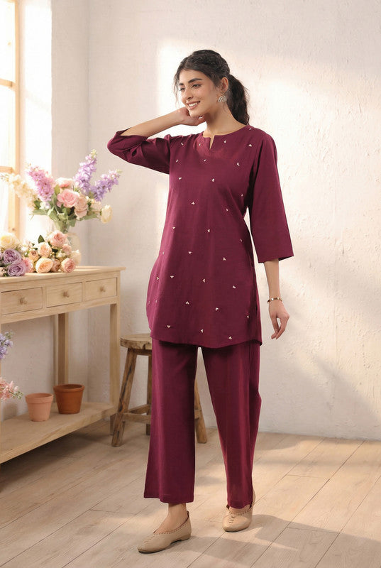 Wine Minimal Heart Motif Embroidered Cotton Flex Co-ord Set