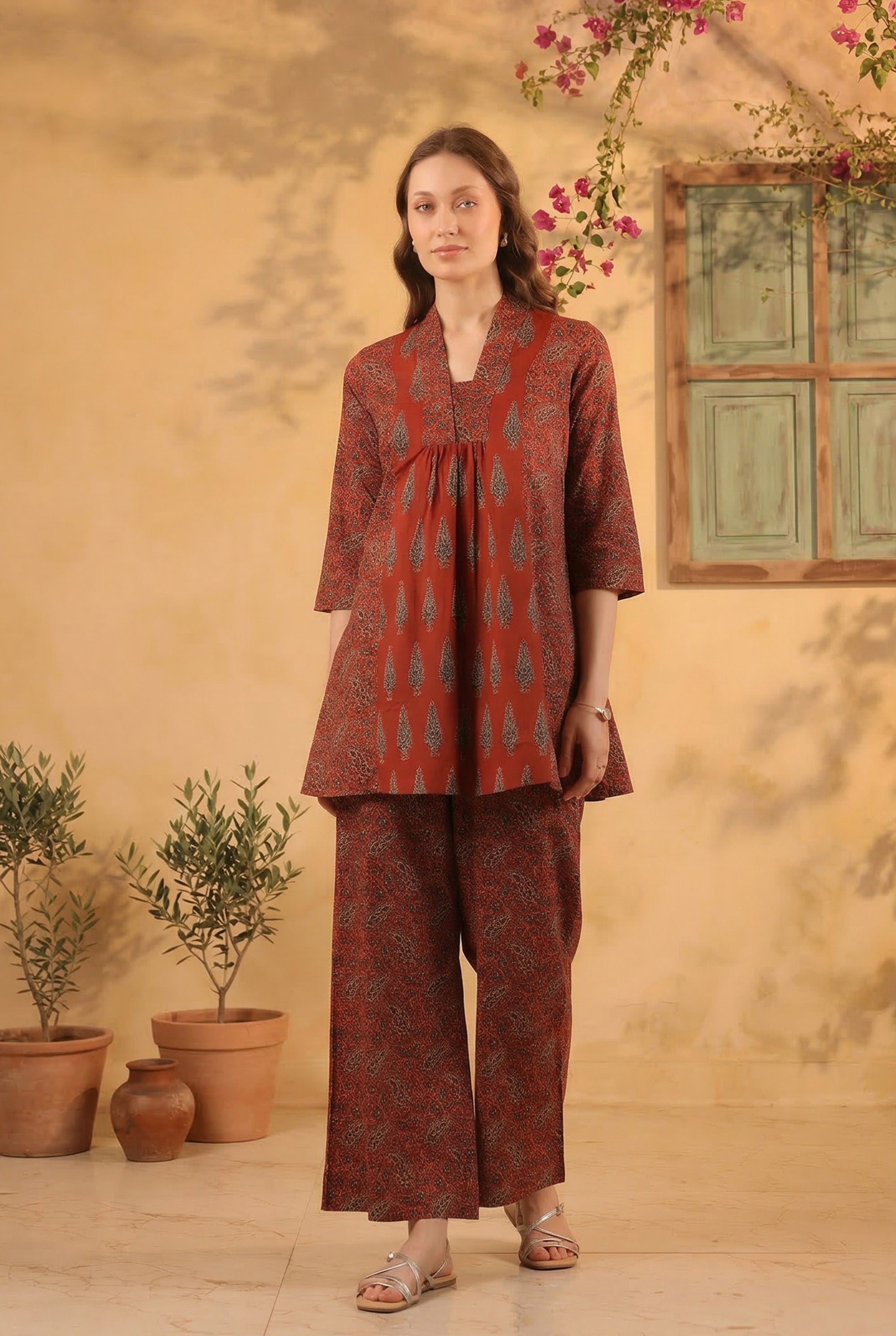 Maroon Ethnic Printed Tunic & Pant Co-ord Set