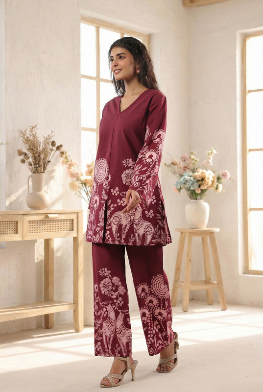 Wine Floral & Ethnic Printed Cotton Co-ord Set