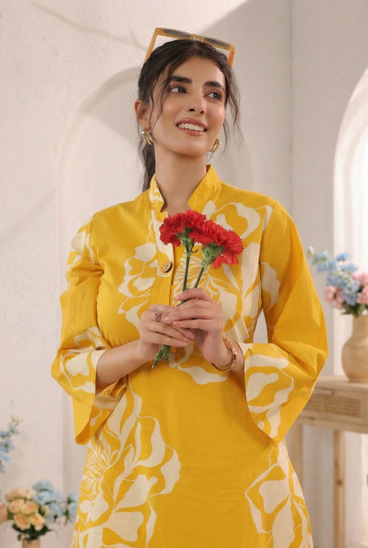 Mustard Yellow Large Floral Printed Cotton Co-ord Set with Button Placket