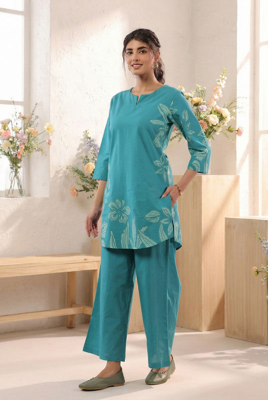 Teal Green Elegant Floral Printed Cotton Co-ord Set